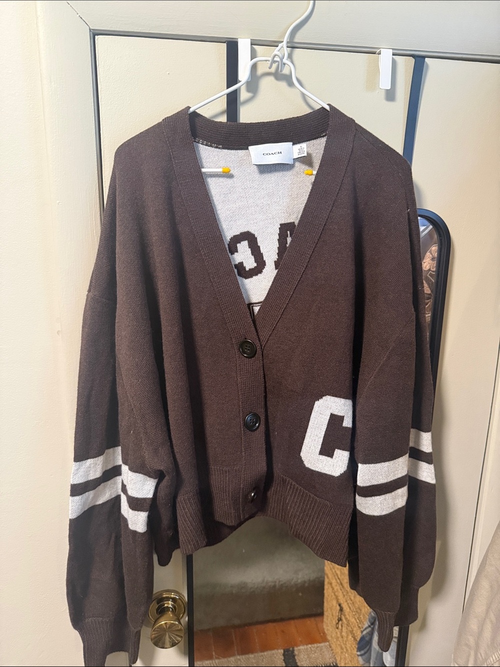 Coach Brown horse and carriage Button-Front Cardigan with Cream Stripes Sz XL